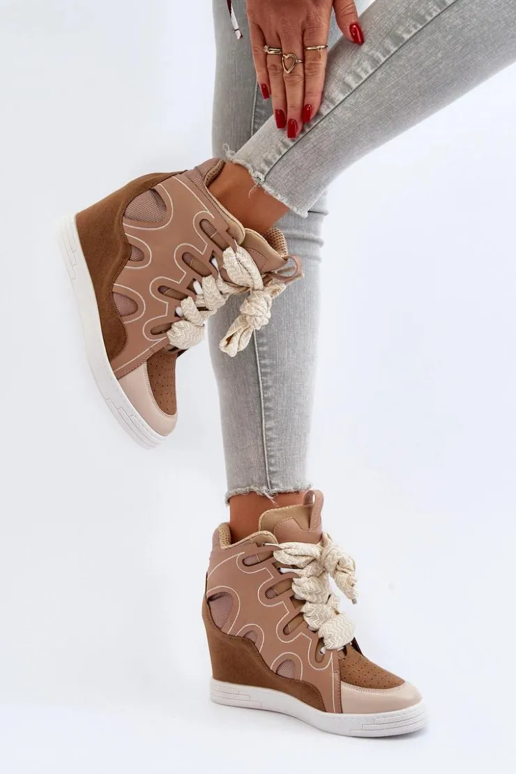 Boto Sneakersy Damskie*Damskie Sneakersy Na Koturnie Beżowe Leoppa