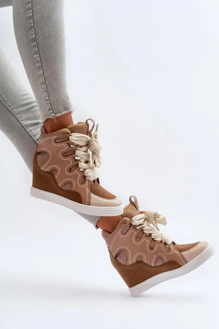 Boto Sneakersy Damskie*Damskie Sneakersy Na Koturnie Beżowe Leoppa