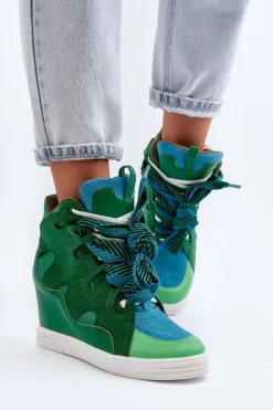 Damskie Boto Damskie Sneakersy Na Koturnie Zielone Leoppa