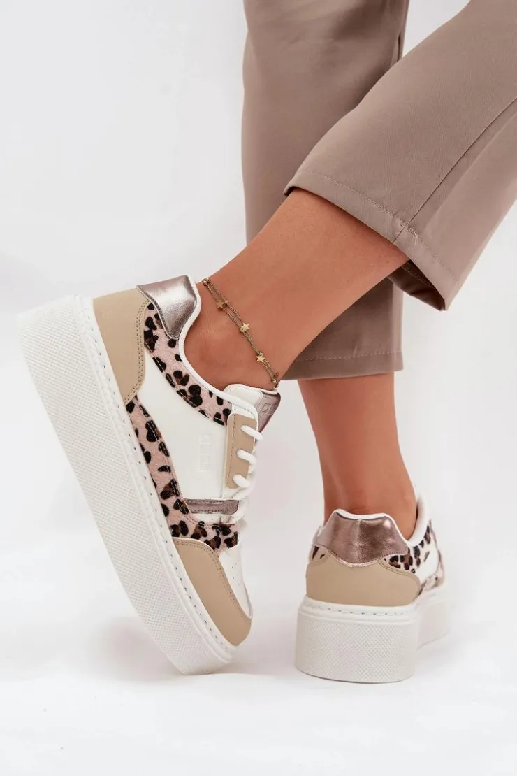 Damskie Big Star Shoes Damskie Sneakersy Na Platformie Big Star SS274357 Panterka Biało-Beżowe