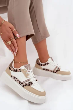 Damskie Big Star Shoes Damskie Sneakersy Na Platformie Big Star SS274357 Panterka Biało-Beżowe