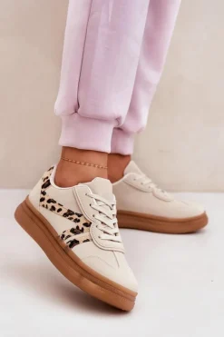 Damskie Boto Damskie Sneakersy Na Platformie Panterka Beżowe Totter