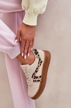 Damskie Boto Damskie Sneakersy Na Platformie Panterka Beżowe Totter