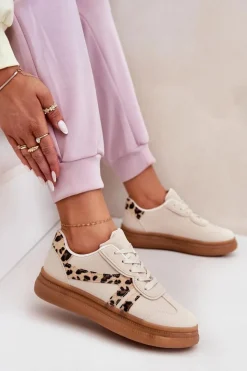 Damskie Boto Damskie Sneakersy Na Platformie Panterka Beżowe Totter
