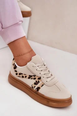 Damskie Boto Damskie Sneakersy Na Platformie Panterka Beżowe Totter
