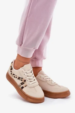 Damskie Boto Damskie Sneakersy Na Platformie Panterka Beżowe Totter