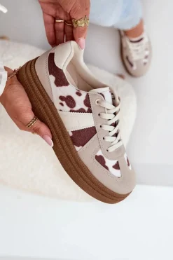 Sale Boto Damskie Sneakersy Na Platformie W Łaty Beżowe Lincidi Beżowy