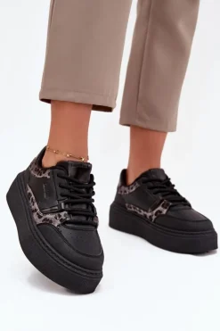 Outlet Big Star Shoes Damskie Sneakersy Na Platformie Big Star SS274358 Panterka Czarne Czarny