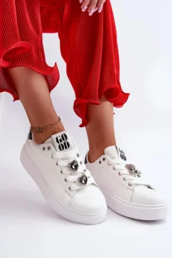 Damskie Boto Damskie Sneakersy Na Platformie Z Przypinkami Sercami Białe Azamia