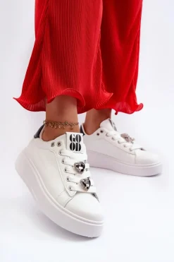Damskie Boto Damskie Sneakersy Na Platformie Z Przypinkami Sercami Białe Azamia