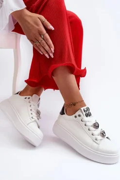 Damskie Boto Damskie Sneakersy Na Platformie Z Przypinkami Sercami Białe Azamia