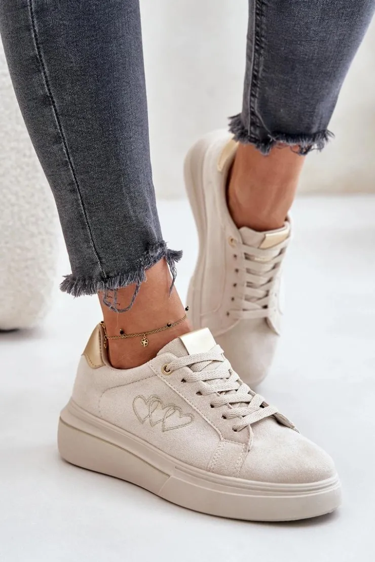 Sale Boto Damskie Sneakersy Na Platformie Z Sercami Beżowe Avirorae