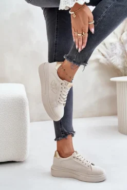 Sale Boto Damskie Sneakersy Na Platformie Z Sercami Beżowe Avirorae