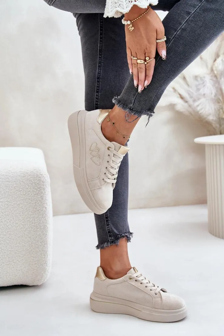 Sale Boto Damskie Sneakersy Na Platformie Z Sercami Beżowe Avirorae