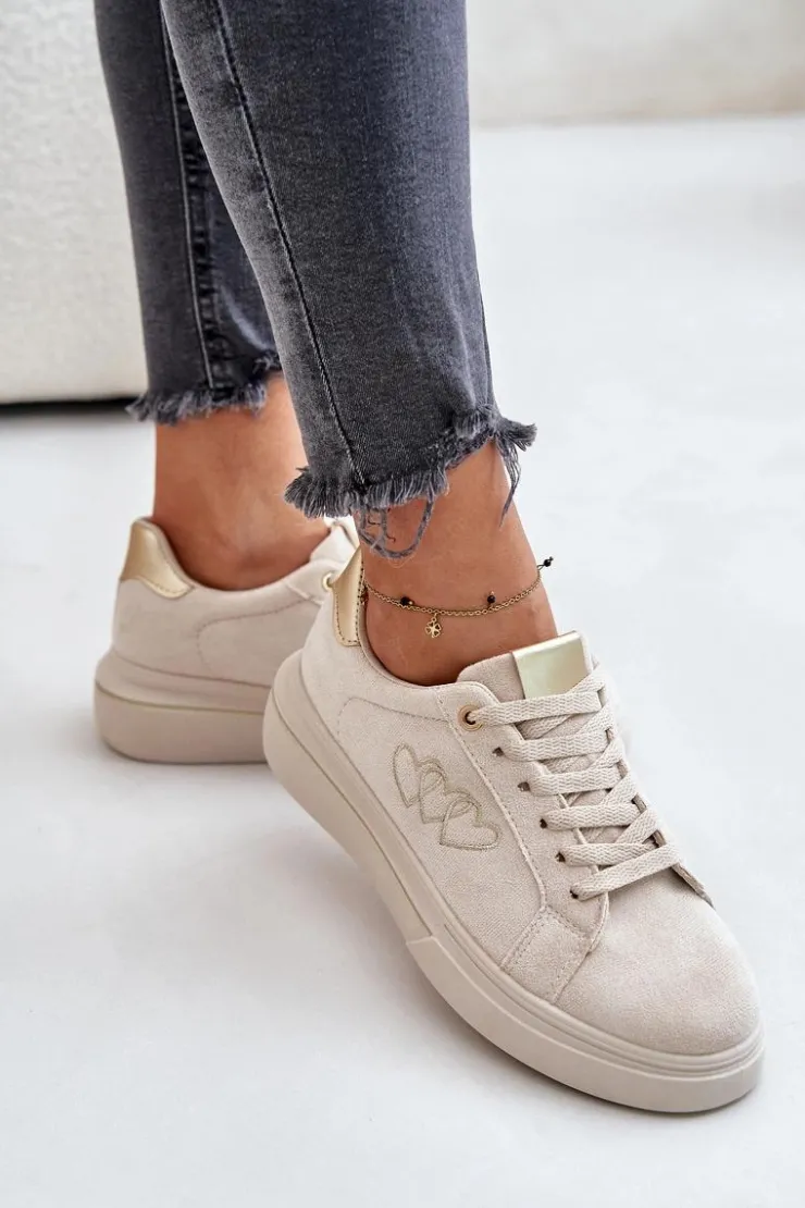 Sale Boto Damskie Sneakersy Na Platformie Z Sercami Beżowe Avirorae
