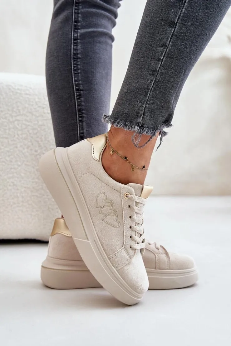 Sale Boto Damskie Sneakersy Na Platformie Z Sercami Beżowe Avirorae