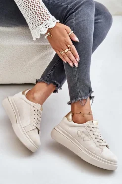 Sale Boto Damskie Sneakersy Na Platformie Z Sercami Beżowe Avirorae