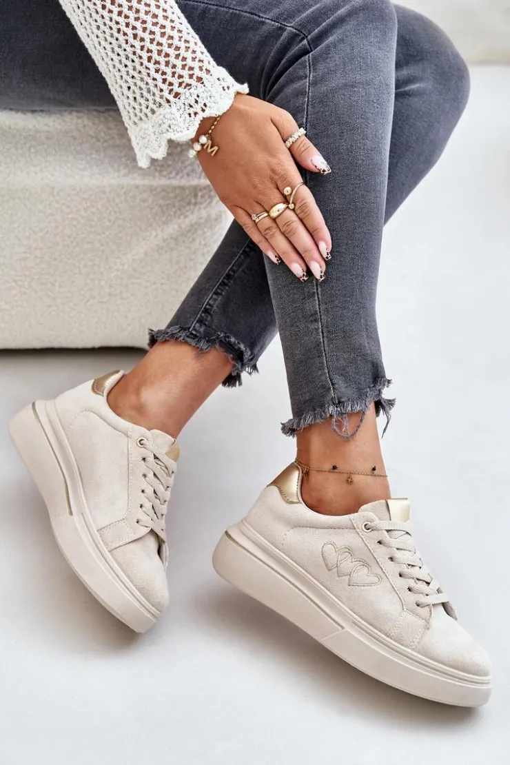 Sale Boto Damskie Sneakersy Na Platformie Z Sercami Beżowe Avirorae