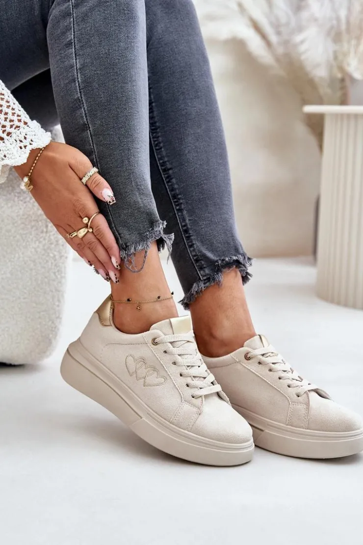 Sale Boto Damskie Sneakersy Na Platformie Z Sercami Beżowe Avirorae