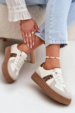 Damskie Boto Damskie Sneakersy Na Platformie Panterka Beżowe Lincidi