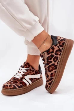 Sale Boto Damskie Sneakersy Na Platformie Panterka Brązowe Totter Brązowy