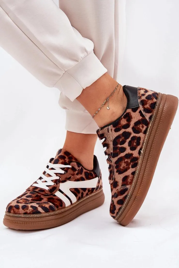 Sale Boto Damskie Sneakersy Na Platformie Panterka Brązowe Totter Brązowy