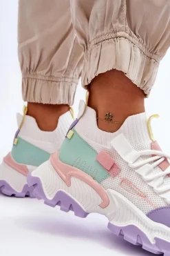 Boto Sneakersy Damskie*Damskie Sneakersy Skarpetkowe Wsuwane Biało-Fioletowe Keaton