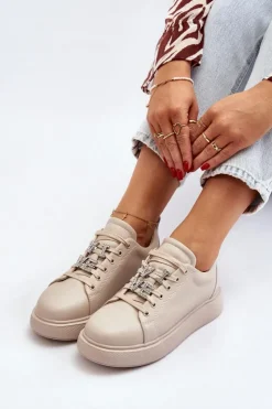 Online Buty damskie Vinceza Damskie Sneakersy Skórzane Z Ozdobami Beżowe Dysuria