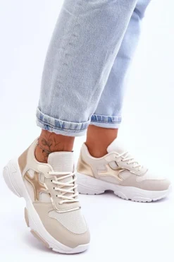 Online Boto Damskie Sneakersy Sznurowane Beżowo-Złote Cortes