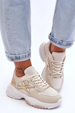 Online Boto Damskie Sneakersy Sznurowane Beżowo-Złote Cortes