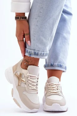 Online Boto Damskie Sneakersy Sznurowane Beżowo-Złote Cortes