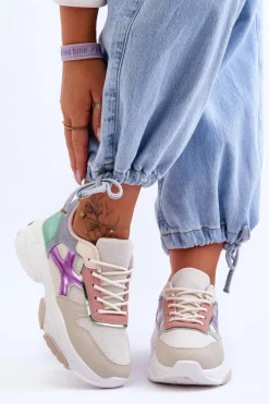 Damskie Boto Damskie Sneakersy Sznurowane Beżowo-Zielone Cortes