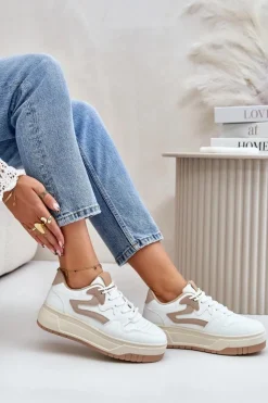 Boto Sneakersy Damskie*Damskie Sneakersy Z Eko Skóry Na Platformie Biało-Beżowe Henizore Biały