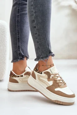 Damskie Boto Damskie Sneakersy Z Eko Skóry Na Platformie Panterka Beżowe Henizore