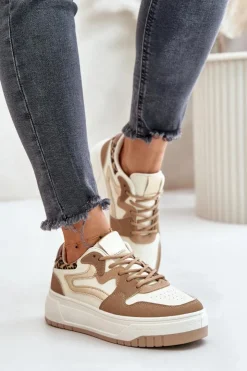 Damskie Boto Damskie Sneakersy Z Eko Skóry Na Platformie Panterka Beżowe Henizore