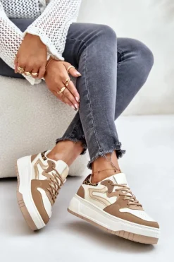 Damskie Boto Damskie Sneakersy Z Eko Skóry Na Platformie Panterka Beżowe Henizore