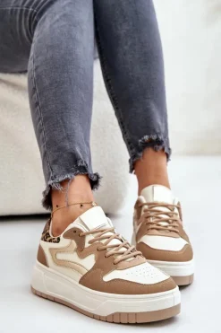 Damskie Boto Damskie Sneakersy Z Eko Skóry Na Platformie Panterka Beżowe Henizore