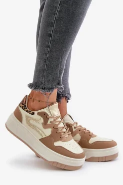 Damskie Boto Damskie Sneakersy Z Eko Skóry Na Platformie Panterka Beżowe Henizore