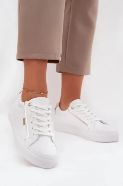 Big Star Shoes Trampki Damskie Big Star|Buty Sportowe Big Star*Damskie Sneakersy Z Eko Skóry Big Star SS274026 Biało-Złote Biały