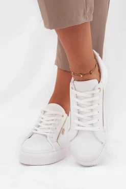 Big Star Shoes Trampki Damskie Big Star|Buty Sportowe Big Star*Damskie Sneakersy Z Eko Skóry Big Star SS274026 Biało-Złote Biały