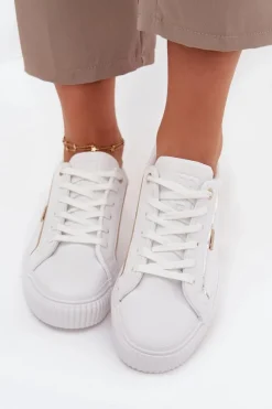 Big Star Shoes Trampki Damskie Big Star|Buty Sportowe Big Star*Damskie Sneakersy Z Eko Skóry Big Star SS274026 Biało-Złote Biały