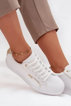 Big Star Shoes Trampki Damskie Big Star|Buty Sportowe Big Star*Damskie Sneakersy Z Eko Skóry Big Star SS274026 Biało-Złote Biały