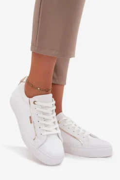 Big Star Shoes Trampki Damskie Big Star|Buty Sportowe Big Star*Damskie Sneakersy Z Eko Skóry Big Star SS274026 Biało-Złote Biały