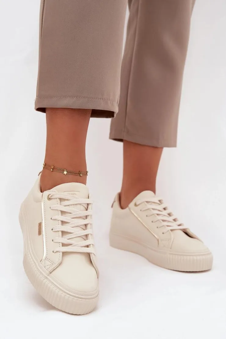 Best Big Star Shoes Damskie Sneakersy Z Eko Skóry Big Star SS274027 Beżowo-Złote Beżowy