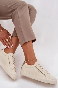 Best Big Star Shoes Damskie Sneakersy Z Eko Skóry Big Star SS274027 Beżowo-Złote Beżowy