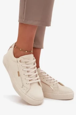 Best Big Star Shoes Damskie Sneakersy Z Eko Skóry Big Star SS274027 Beżowo-Złote Beżowy