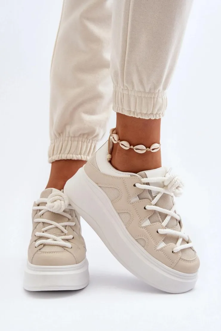 Boto Buty Sportowe Na Platformie|Sneakersy Damskie*Damskie Sneakersy Z Grubym Sznurowaniem Beżowe Vinali