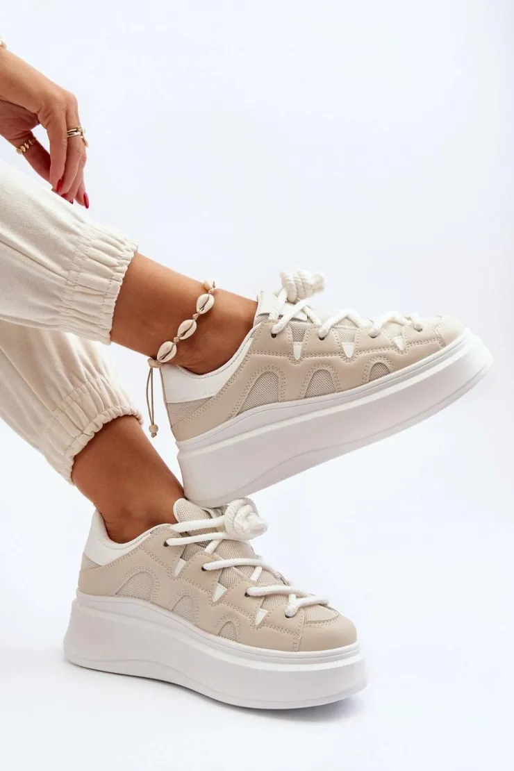 Boto Buty Sportowe Na Platformie|Sneakersy Damskie*Damskie Sneakersy Z Grubym Sznurowaniem Beżowe Vinali