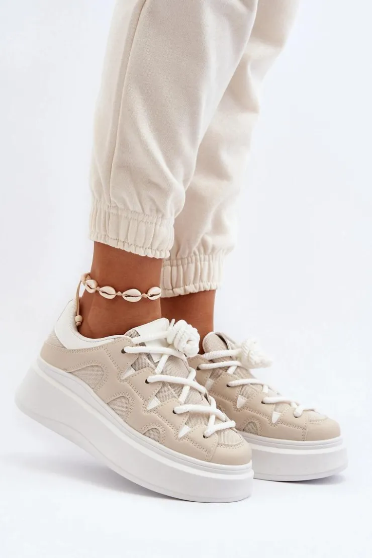 Boto Buty Sportowe Na Platformie|Sneakersy Damskie*Damskie Sneakersy Z Grubym Sznurowaniem Beżowe Vinali