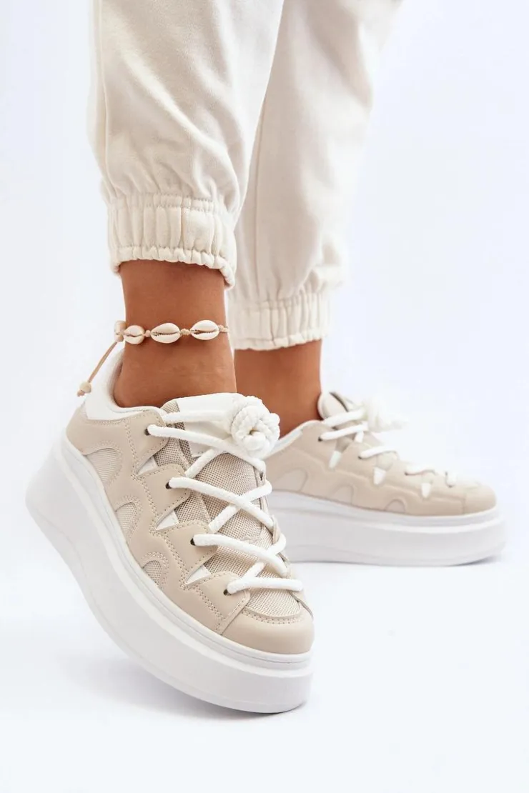Boto Buty Sportowe Na Platformie|Sneakersy Damskie*Damskie Sneakersy Z Grubym Sznurowaniem Beżowe Vinali